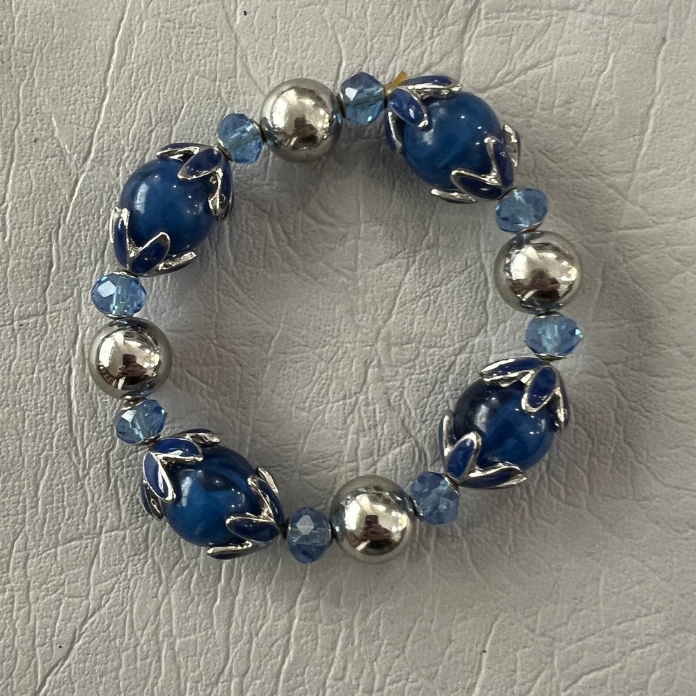 Blue Glass Stretch Bracelet Silver Tone Beads and Cap Accents